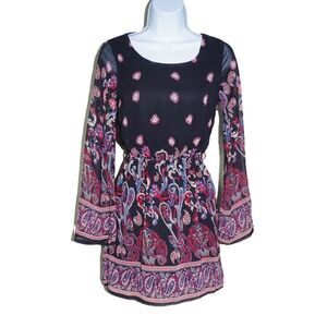 Rue21 Women's XS Paisley Print Mini Dress Black Red Blue Sheer Bell Sleeve